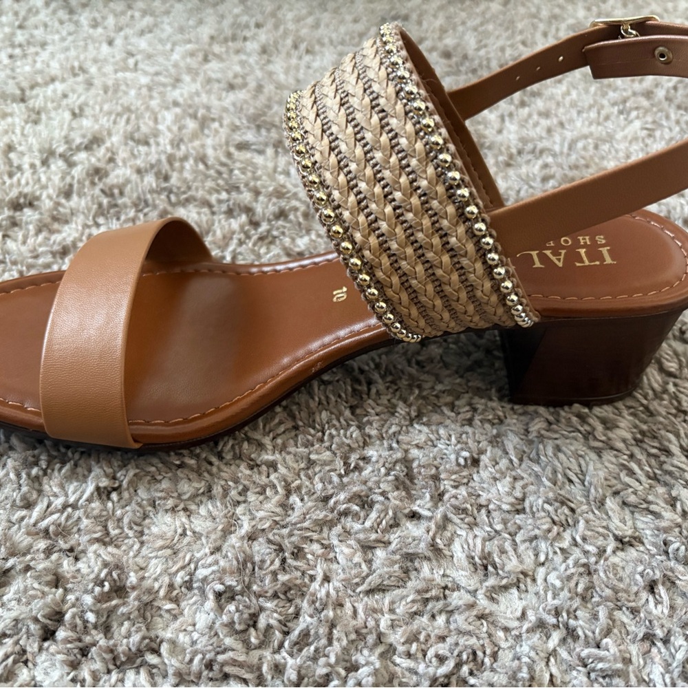 Italian Shoemakers Tan Braided Espadrille Slingback Sandals with Gold Trim - Picture 2 of 8